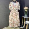 V-neck bubble sleeve printed dress women's summer new women's clothing high-end pleated cake skirt elegant style