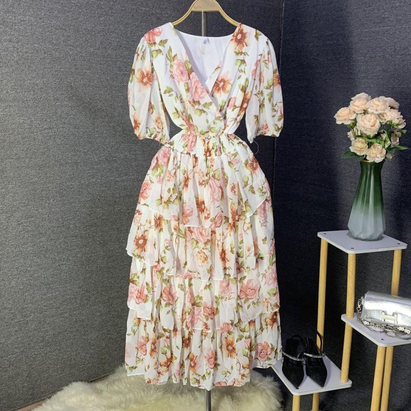 V-neck bubble sleeve printed dress women's summer new women's clothing high-end pleated cake skirt elegant style
