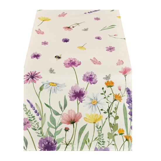Floral Table Runner Spring Summer Linen Watercolor Flowers Plants Table Runner Machine Washable Table Protector for Home Farmhouse Dinner Party