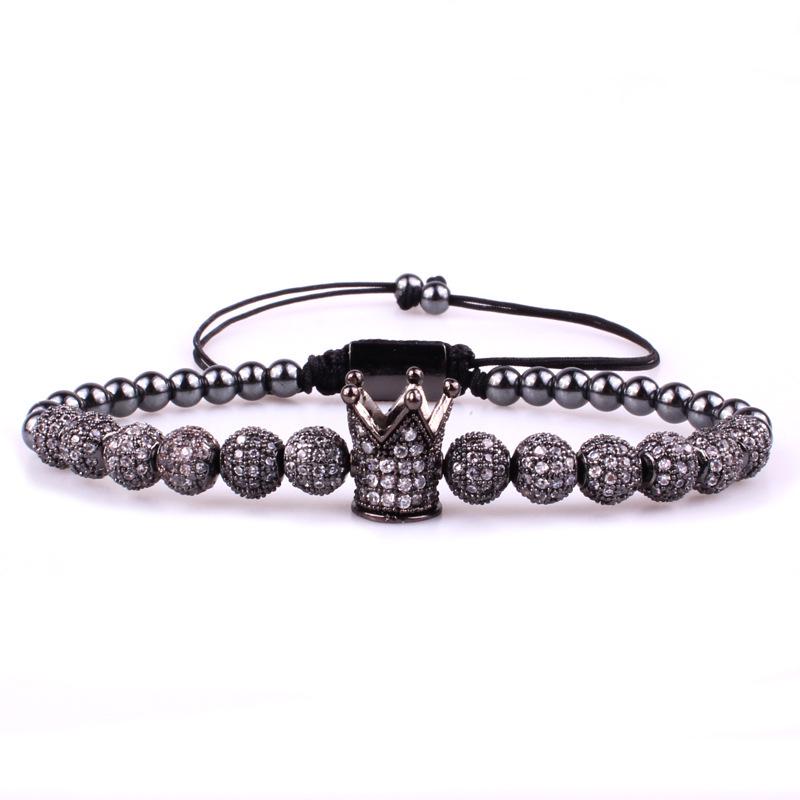 Stylish Micro-inlaid Zircon Punk CZ Ball Crown Woven Bracelet