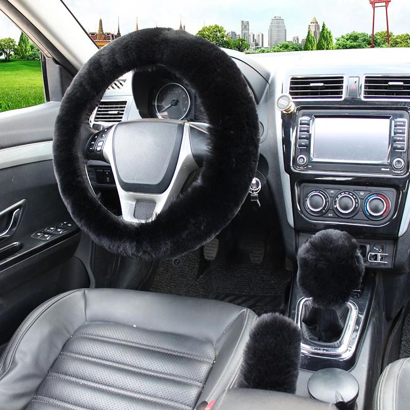 3Pcs/set Solid Soft Warm Long Wool Fuzzy Steering Wheel Cover Woolen Handbrake Car Accessory Sheep Fur Plush Protector Cover Kit