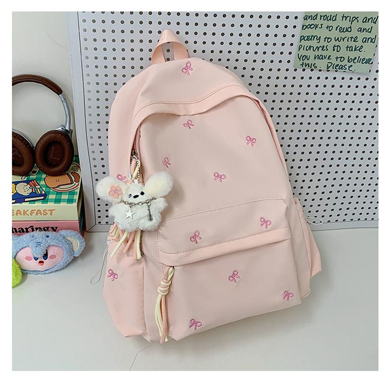 Schoolbag Girls School Bag Simple Versatile Backpack College Student Middle School Student Cute Embroidered Bow Lightweight Travel Backpack