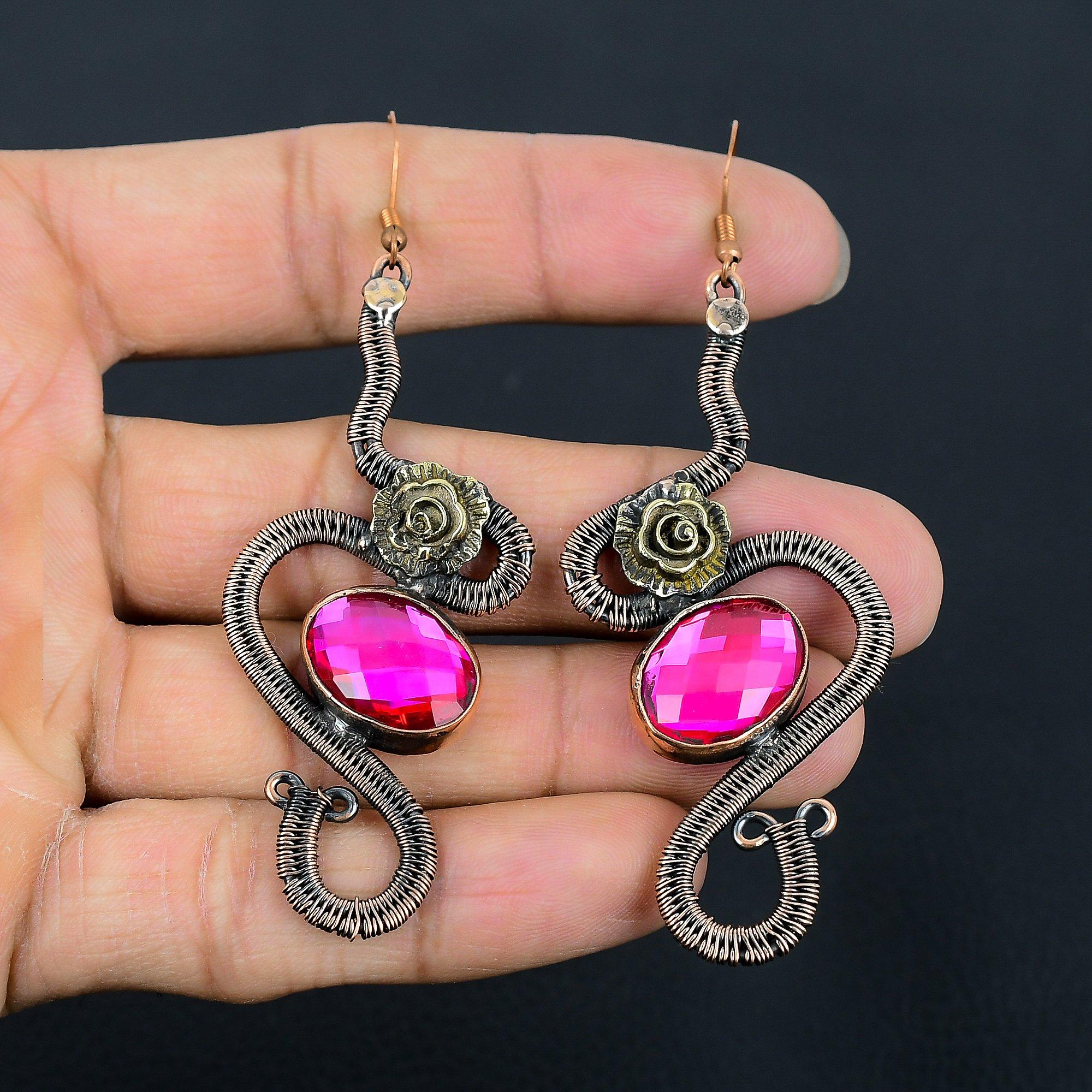 

Faceted Mystic Topaz Earrings, 999 Copper Wire Wrapped Earrings, Handmade Gemstone Jewelry, Gifts For Wife Brand New Earrings 2.55 Inches