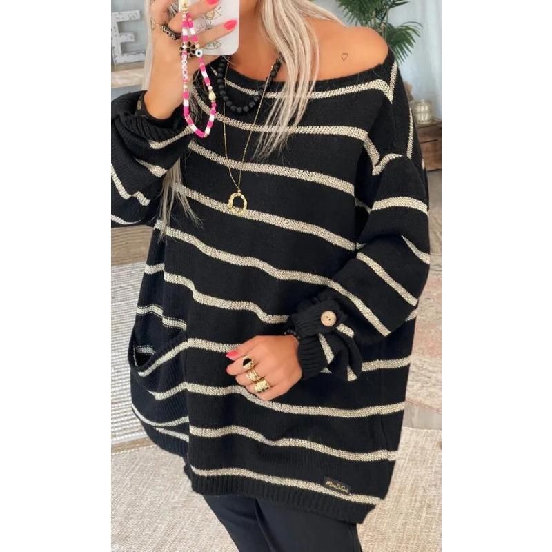 Loose Fit Round Neck Long Sleeve Striped Color Block Pullover Sweater For Women