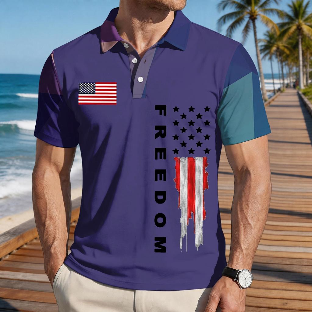 Men's Loose Fit Casual Polo Shirt Short Sleeve Button Down Collar Printed Graphic Tee with Flag Design and Freedom Text