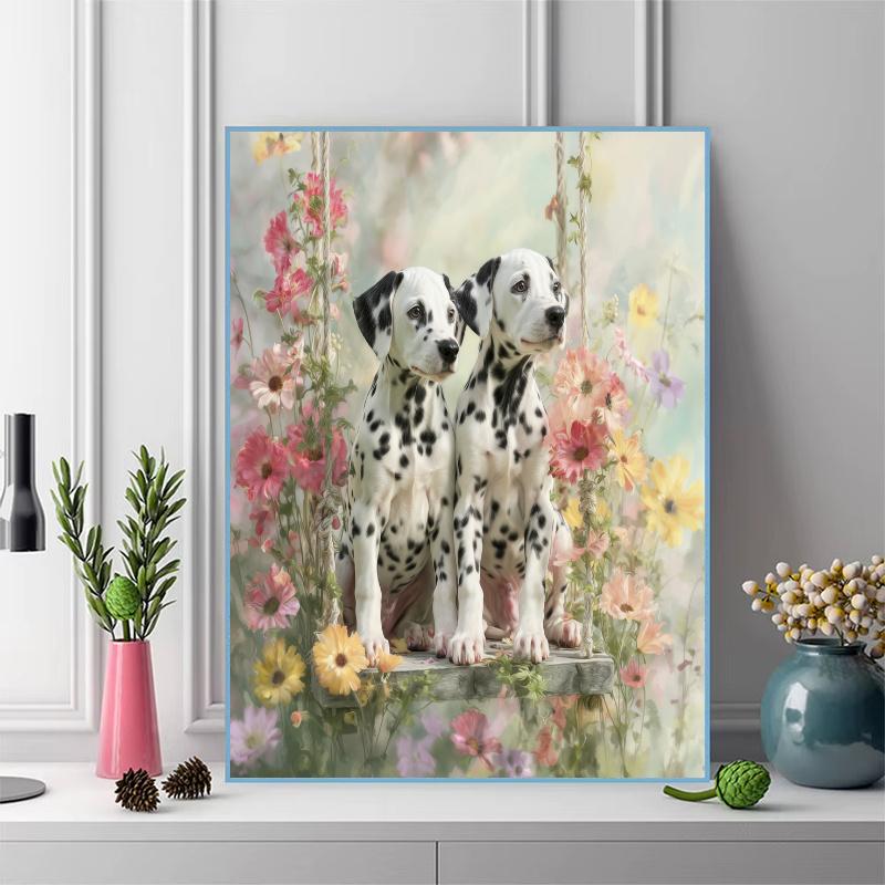 Dalmatian and flowers Pattern 3pcs 100% Round Full Drill 5D DIY Diamond Painting Embroidery Cross Stitch Rhinestone Décor