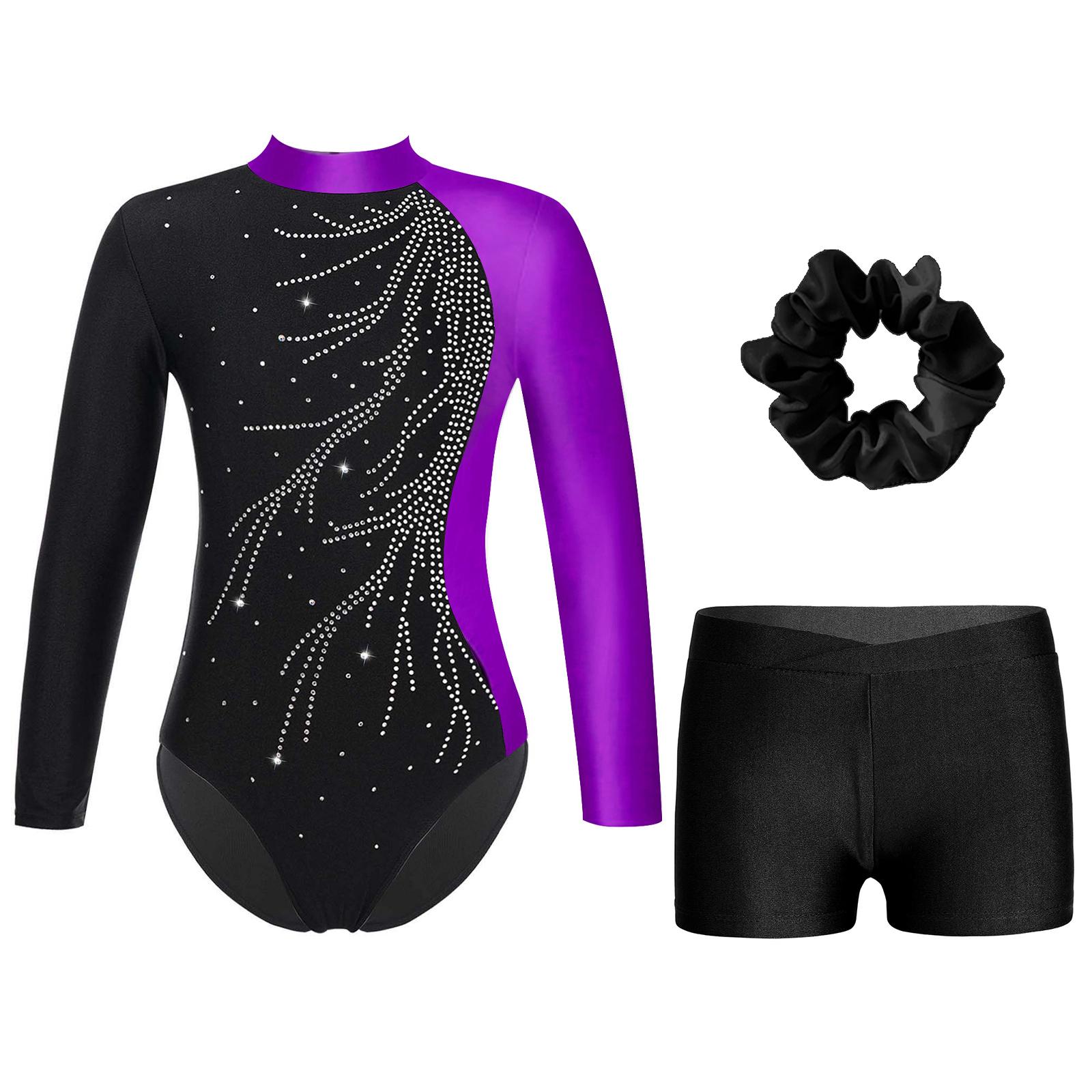 IEFiEL 2 Meisjes Gymnastiek Leotard met Shorts Hoofdband Lange Mouw Glitter Leotard Wedstrijd Danskostuum