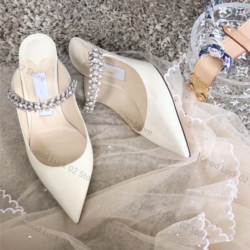 Fashion 2025 Rhinestone Patent Leather Bao Head Half Slippers New European French Wear High Heels Sandals Wedding White Sandals