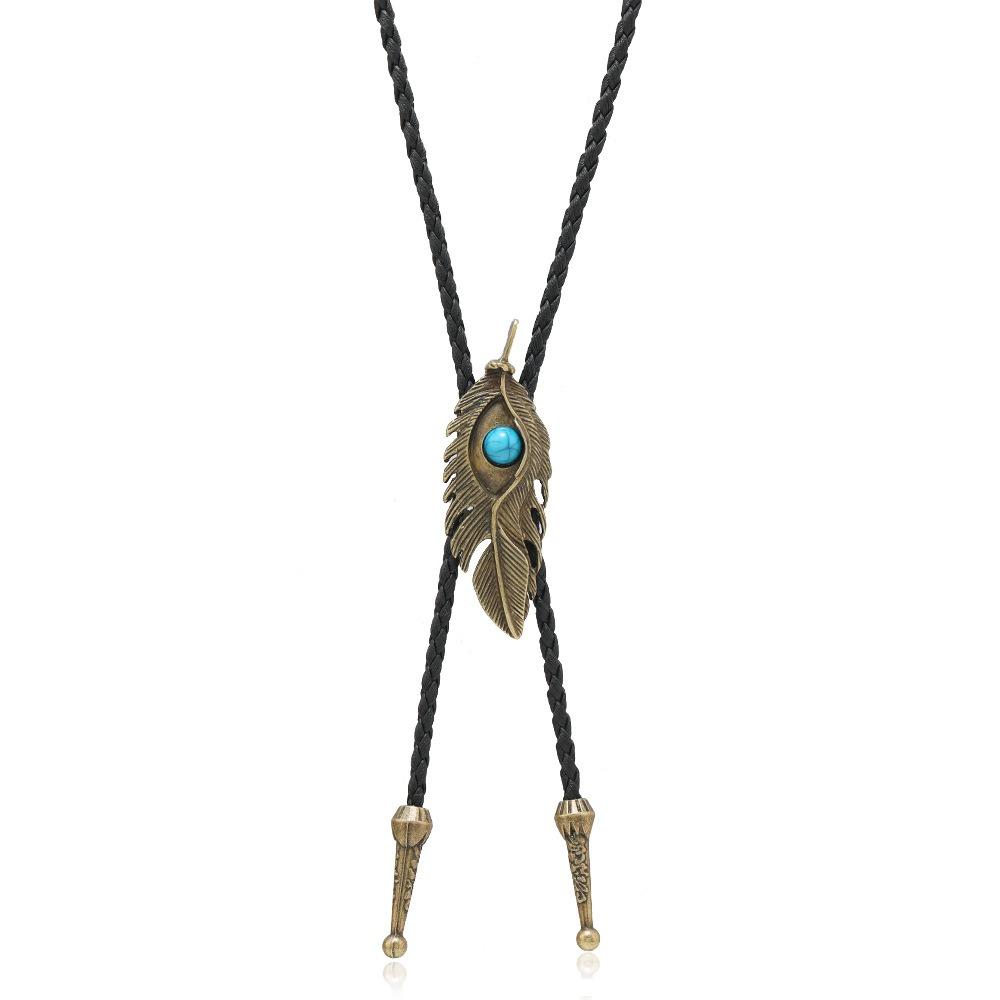 Boho Five-pointed Star Bolo Tie PU Woven Bronze Butterfly Choker Turquoise Feather Necklace  Men