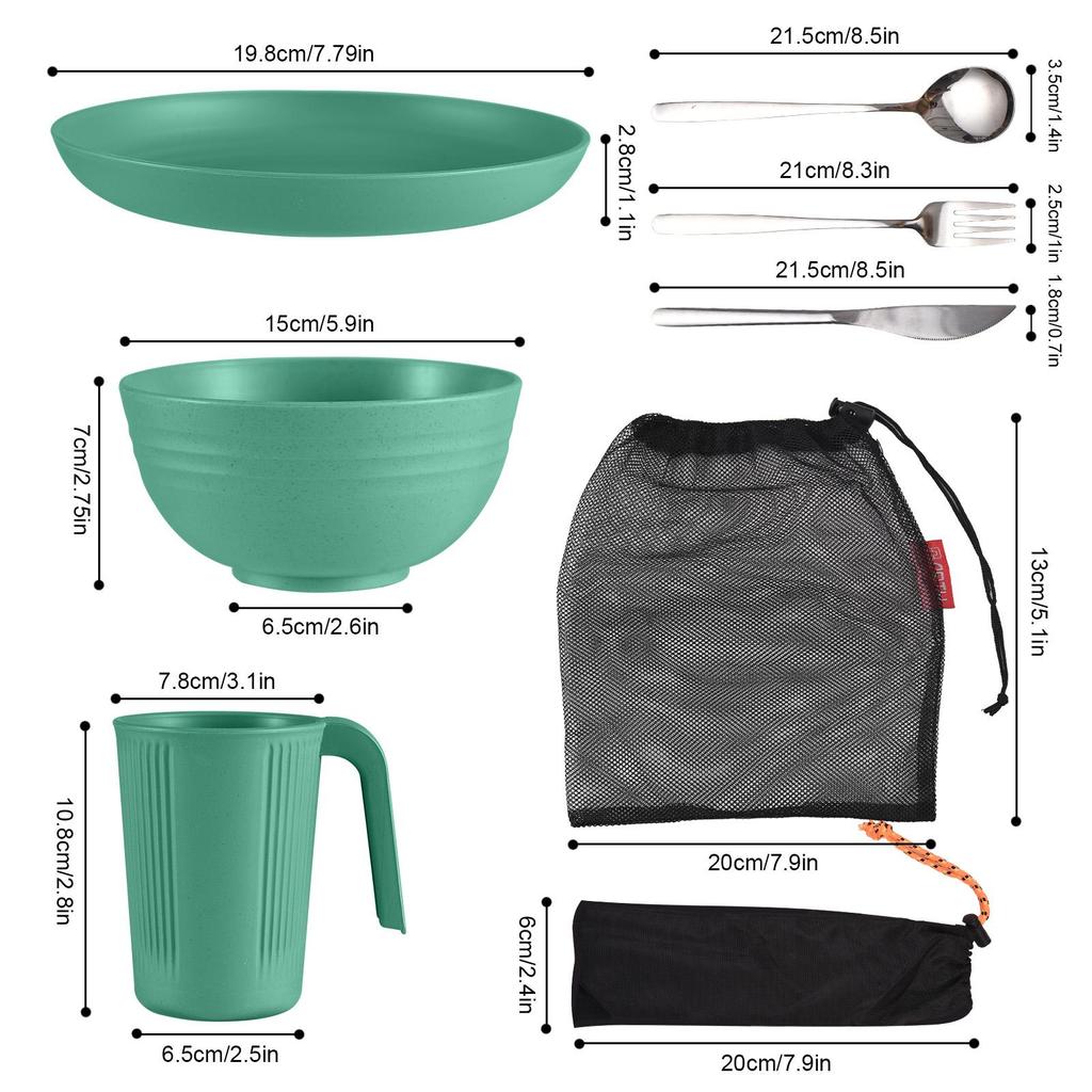 Camping Utensils Set for 1 Portable Wheat Straw Mess Kit with Bowl Plate Cup Fork Knife Spoon Outdoor Tableware & Picnicware
