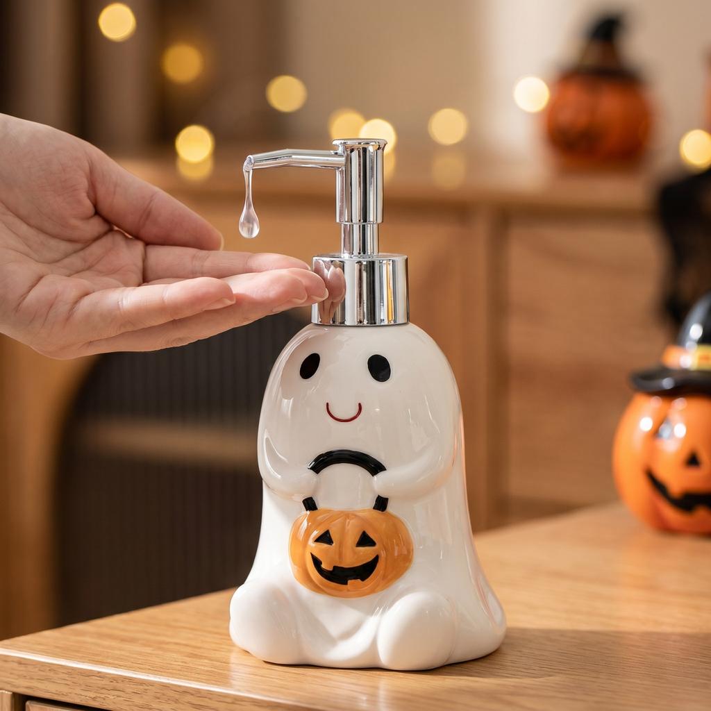 Ceramic Halloween Pumpkin Ghost Shape Soap Dispenser Pump Bottle for Bathroom Kitchen Countertop Use Durable and Easy To Refill