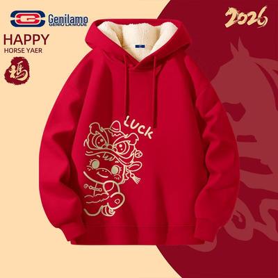 GENIOLAMODE Unisex Roter Fleece-gefütterter Hoodie zum Jahr des Pferdes
