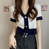 Dame Retro V-hals Kort-ermet Strikket Topp - 2022 Sommer Koreansk Stil, Løs Passform, Trendy Design