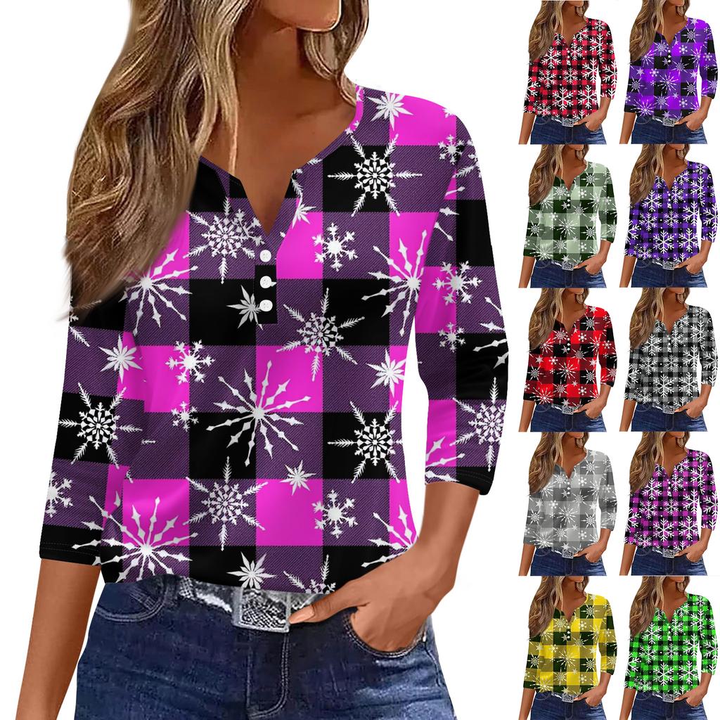 Women's Casual Fashion V-neck Loose Versatile Christmas Print Three-quarter Sleeve Top