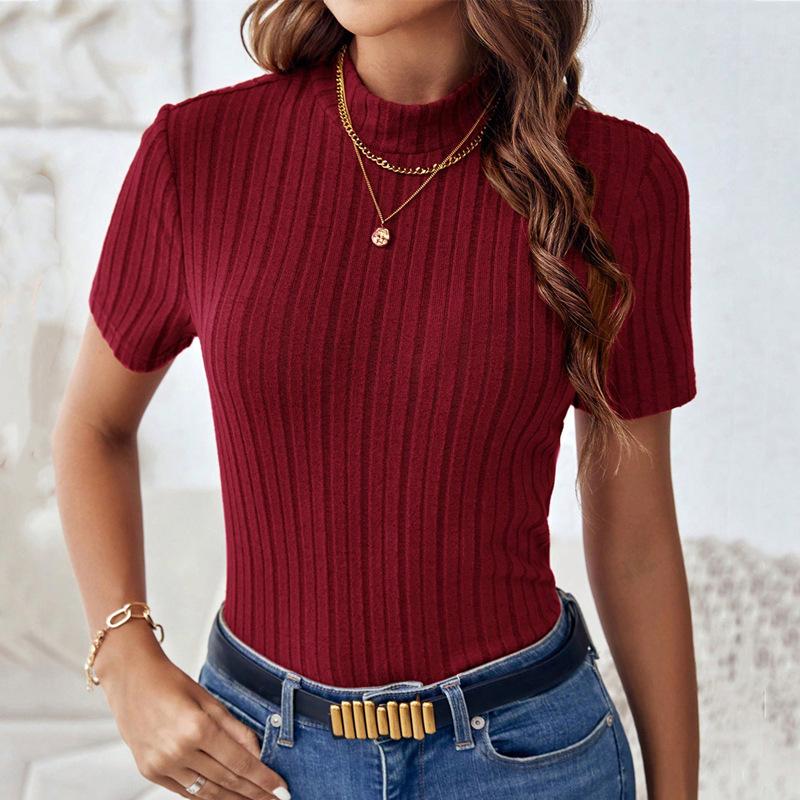 Ladies Summer Short Sleeve Stand Collar Solid Color Knitted Pullover T Shirt Top