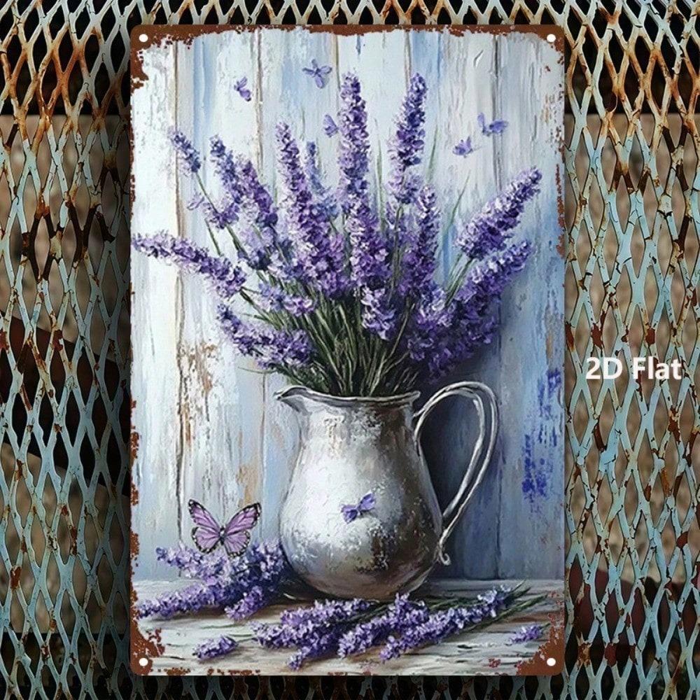 Vintage Lavendel Schmetterling Abgenutztes Metall Wandbild Französisches Bauernhaus Rustikales Dekor Schild