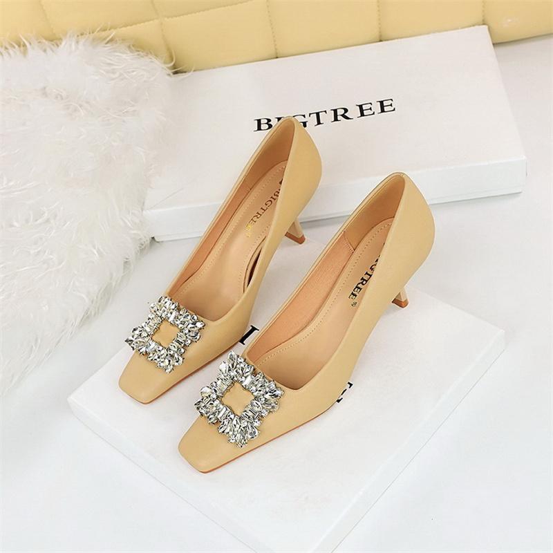 

Fashion Comfortable Simple Women s New Green Wine Glasses High Heels Shallow Mouth Square Toe Diamond Buckle Spring Single Shoes 34(Foot22cm)