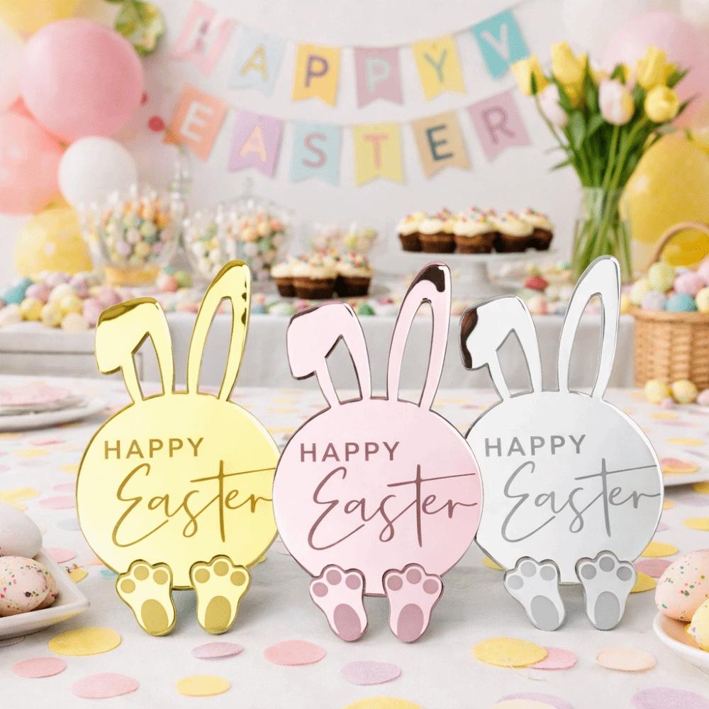 6pcs Acrylic Cupcake Decor Toppers Happy Easter Bunny Pattern Tags Rabbit Cake Toppers Easter Party