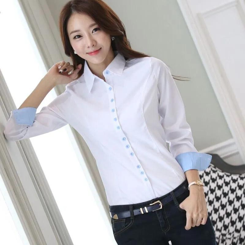 White Blouse Women Polyester Office Career Shirts Tops Korean Fashion Casual Long Sleeve Blouses Women Business Shirt
