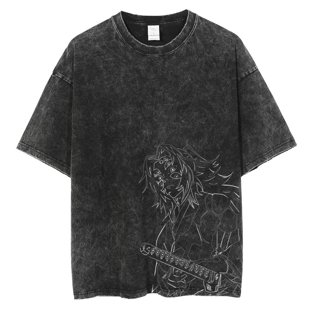 Hot Anime Demon Slayer Kamado Tanjirou Graphic Print T Shirt Men Manga Tshirts Washed Cotton T-shirt Harajuku Male Vintage Tee