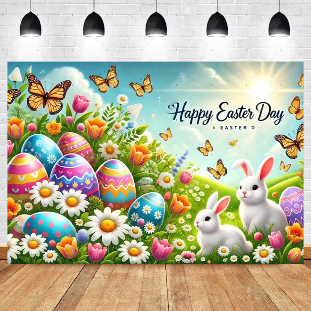 Spring Vibrant Rabbit Backdrop Supplies Happy Easter Theme Background Banner Bunny Easter Eggs Party Decoration Photography Prop
