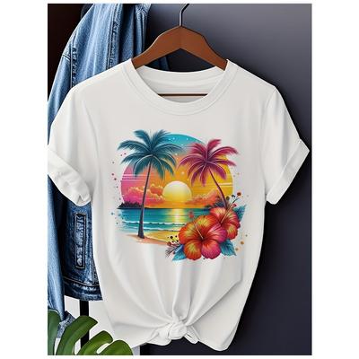 Damen & Unisex Hawaiian Hibiskus Limette Tropischer Aufdruck T-Shirt Rundhalsausschnitt Kurze Ärmel Weich Atmungsaktiv A-Linie Sommer Strand Top