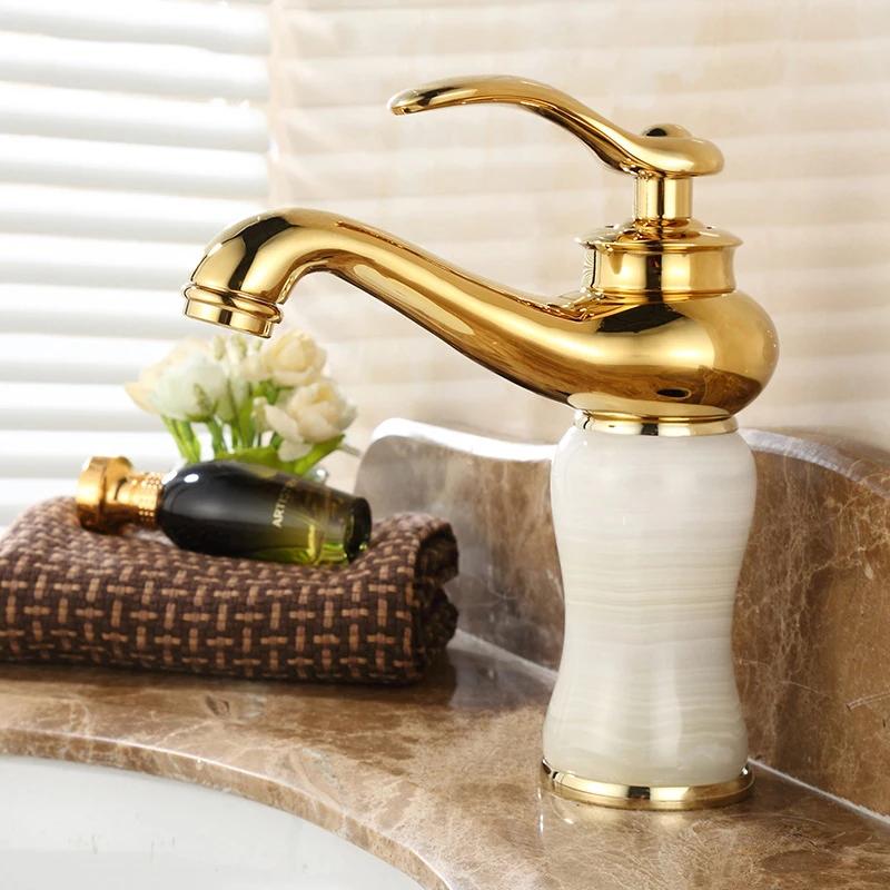 Gold Faucet Wall Mount Bathroom Washbasin Sink Faucet Brass Jade Crystal Cold Hot Mixer Taps Torneira ZR251