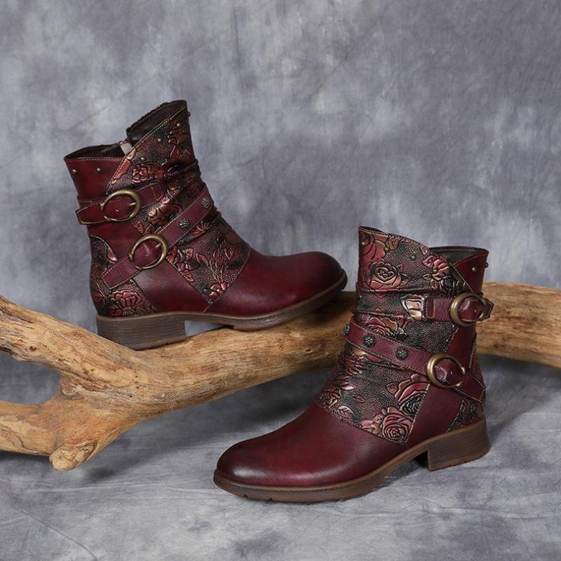 Johnature Boty z pravé kůže Dámské Kozačky Zimní potisk s kulatou špičkou na zip Ruční výroba Stručné Kotníkové boty pro volný čas