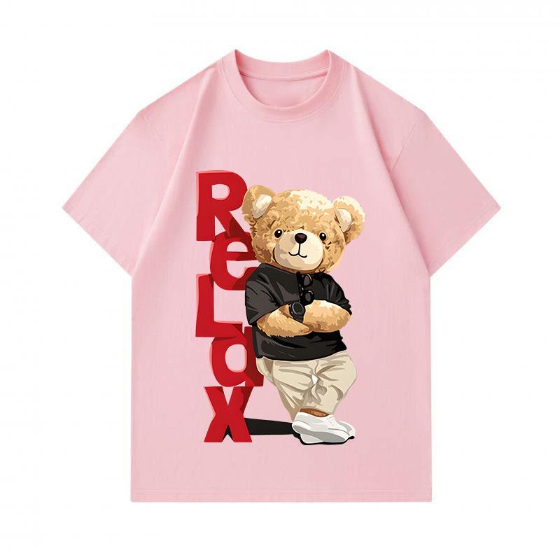 Men's 100% Cotton Crew Neck Short Sleeve T-Shirt, Casual Cute Bear Relax Printed Comfortable Breathable Loose Fit Summer Daily Wear Top for Male