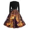 Women's Casual V-Neck Long Sleeve Vintage Halloween Print Dress