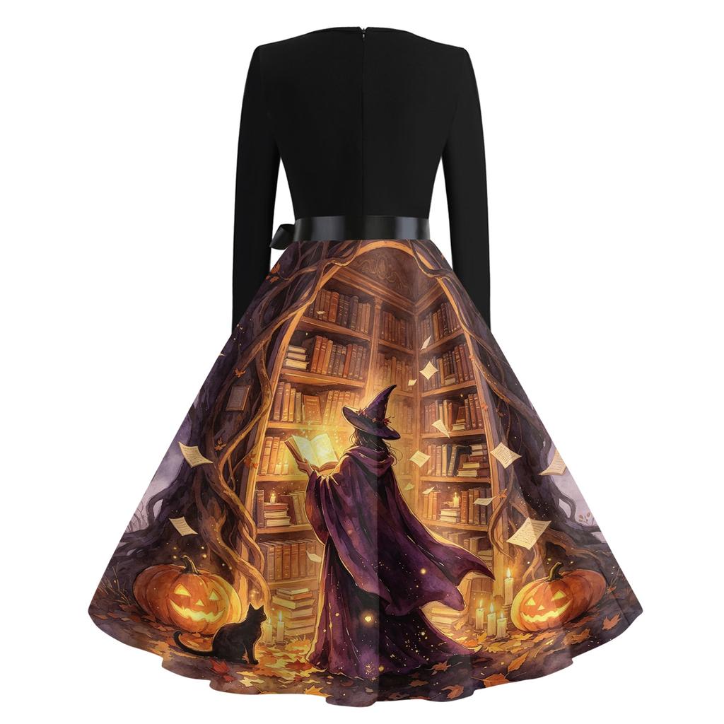 Women's Casual V-Neck Long Sleeve Vintage Halloween Print Dress