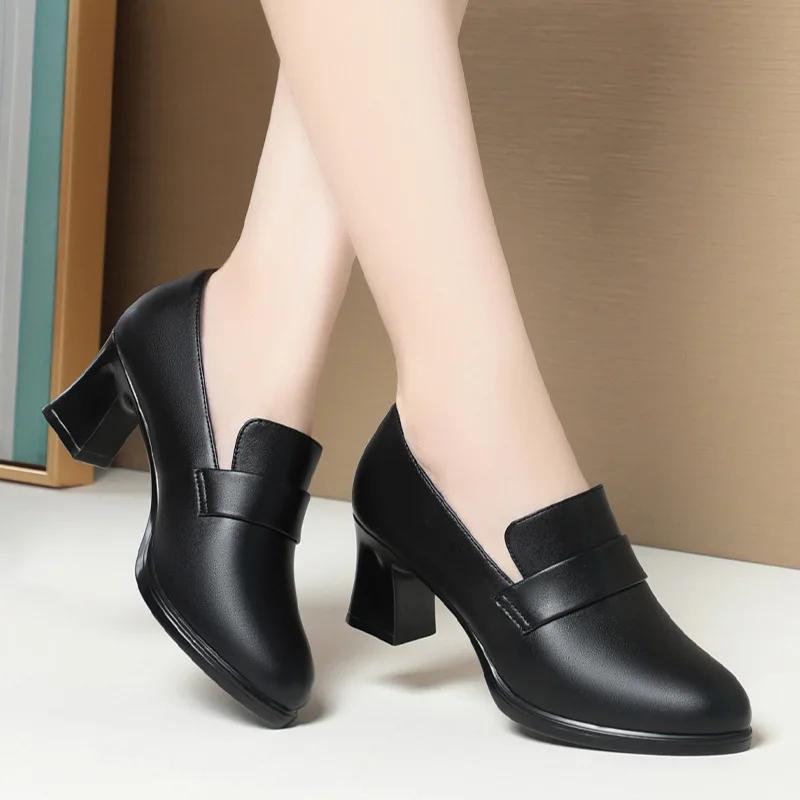 

5cm 7cm Fashion Comfortable Black Soft Leather Shoes Deep Mouth Spring 2025 Block Heels Shoes Women for Office Mom Model 41