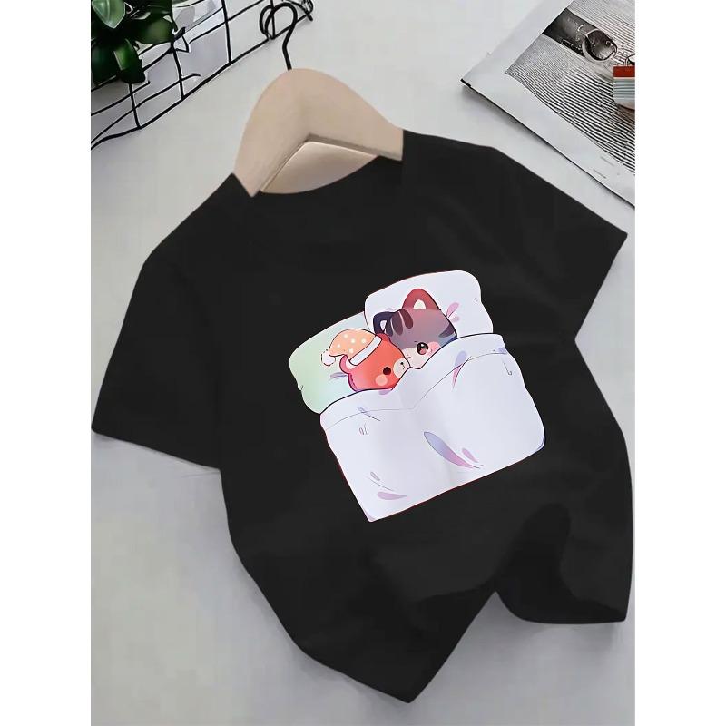European sizes Cute And Comfortable Short-Sleeve T-Shirt Featuring a Cartoon Cat Pattern, Perfect for Children in Summer.