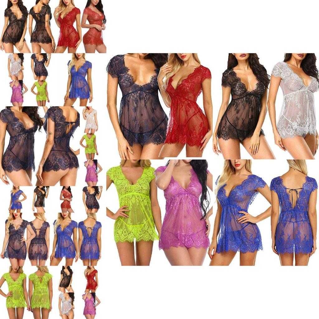 Luxurious Women Eyelash Lace Sexy Lingerie See-through Babydoll Sleepwear Dress T-back Set For Elegant Nights