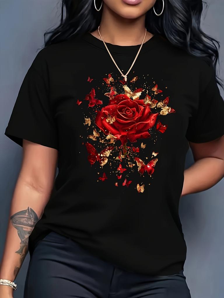 Women's Casual Sports T-Shirt Floral Red Rose and Butterfly Print T-Shirt Casual Round Neck Short Sleeve Daisy Shirt Floral Tee