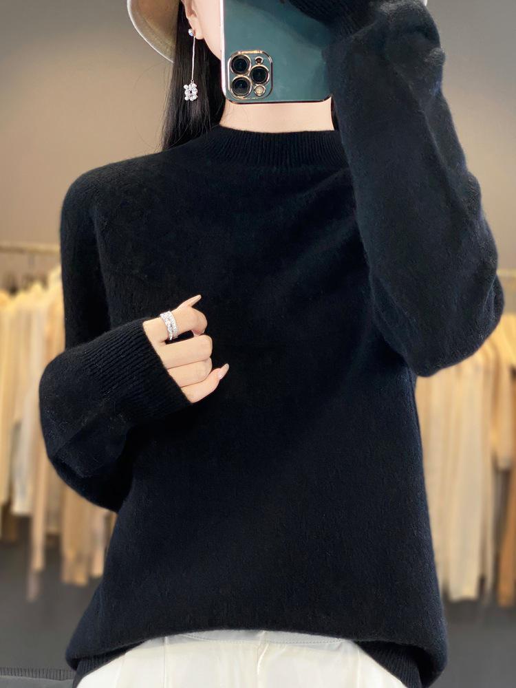 Cross-Border Autumn/Winter Women's Slim Fit Trendy Semi-High Neck Soft Knit Sweater.