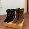 Cow Suede Mid-calf Modern Boots Square Heel Mid Heel 2025 Fashion Ladies Shoes Pointed Toe Solid Rivet Ethnic Women's Boots