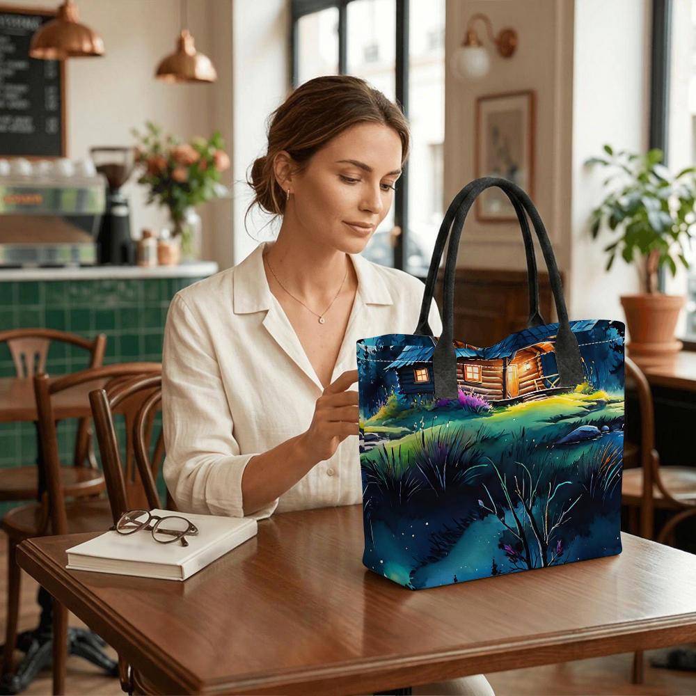  Watercolor Forest Cabin Printed Canvas Tote Bag Casual Large Capacity Shoulder Handbag for Daily Use