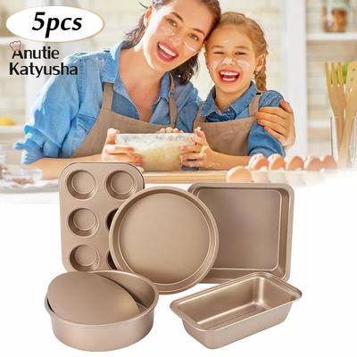5PCS Kuchen Form Backen Set Goldene Carbon Stahl Backen Platte Pizza Kekse Form Küche Backformen für Ofen Haushalt Backform