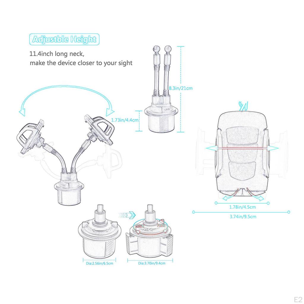 360° Rotatable Cup Holder Phone Mount Flexible Gooseneck for Two Phones Automotive Accessories