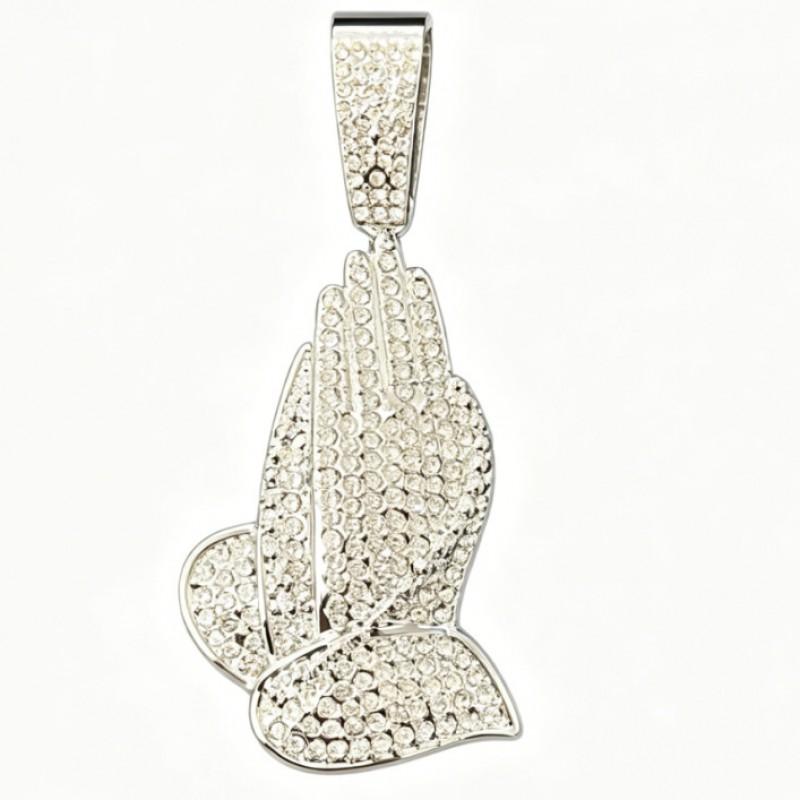 Hip Hop Alloy Full Rhinestone Prayer Hand Pendant Cuban Chain Necklace Men Women Trendy Streetwear Jewelry