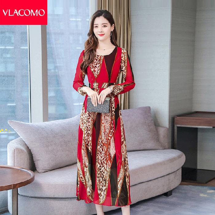 

New long-sleeved foreign style dress, new early autumn Korean version temperament over the knee and thin printed dress M красный