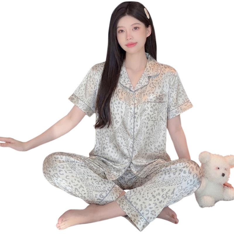 High-end leopard print light luxury fashion printed ice silk satin pajamas women's summer casual short-sleeved trousers set