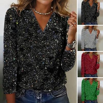 Dames top glanzende pailletten v-hals lange mouw losse zachte trui pure kleur ademend dagelijks woon-werkverkeer club party dame blouse shirt