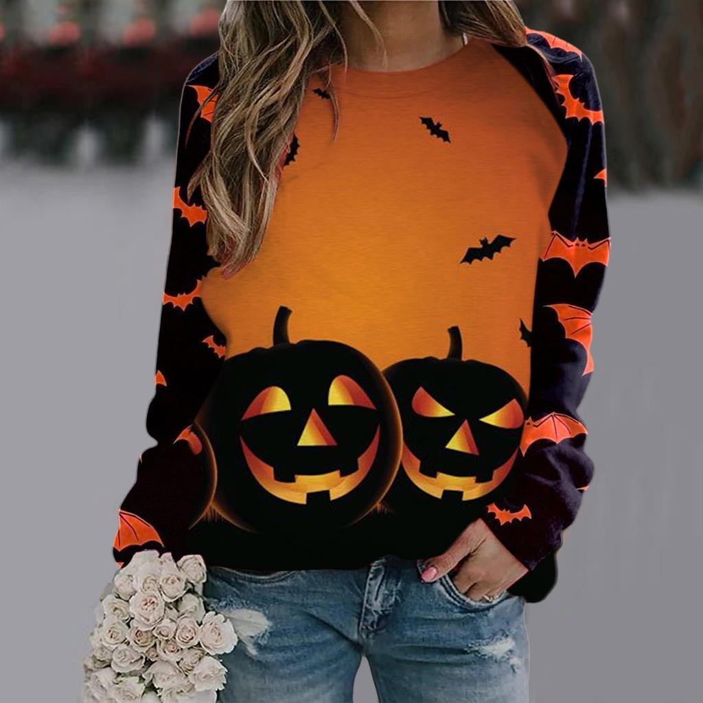 Spring and Autumn Round Neck Halloween 3D Printed Top Fashionable Casual Long Sleeved Women's T-shirts