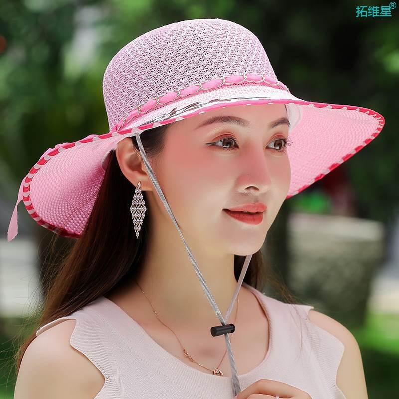 Cappello da Sole da Donna in Paglia a Rete con Ampia Visiera Protezione UV Estivo Cappello da Spiaggia Pieghevole Leggero Cappello da Viaggio con Mentoniera