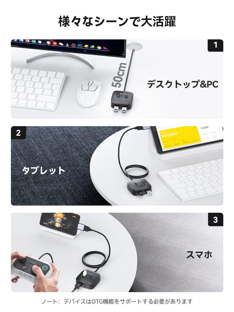 QUUGE USB USB Square 5Gbps 4 USB Expansion Top and Side Bus Compact and Compatible with Mac and Ideal for Telework and Working from 50cm Hub, 3.0