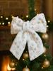 Christmas Tree Topper Bow White Furry with Gold Snowflake Print Hanging Ornaments Festive Xmas Tree Decor for Home & Party Gift