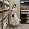 Lined Square Neck Floral Puff Sleeve Dress for Pear-Shaped Women - Long, French Style