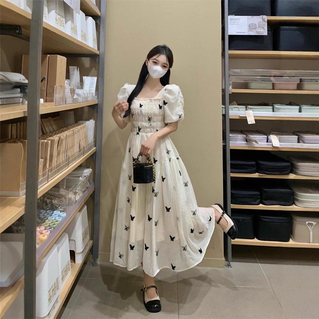 Lined Square Neck Floral Puff Sleeve Dress for Pear-Shaped Women - Long, French Style
